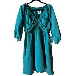 Hyacinth House Green Teal Ruched V-Neck Genevieve Mini Dress Empire Waist Large